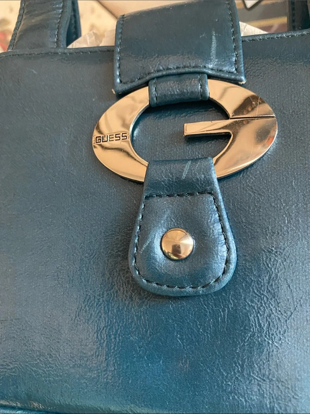 GUESS Teal Blue Leather Satchel with Gold-Tone Accent